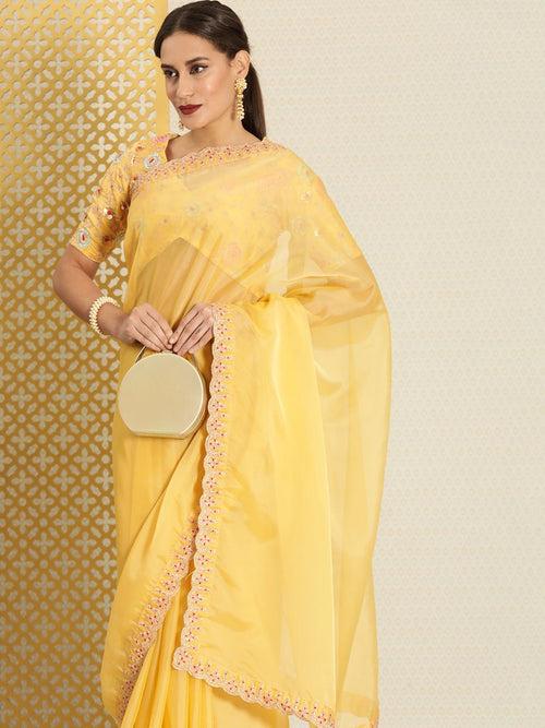 Yellow Solid Zari Organza Jashn Saree