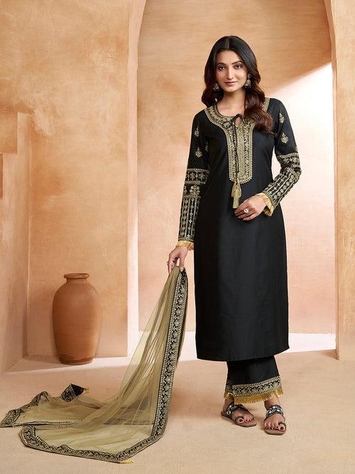 Black Ethnic Motifs Embroidered Thread Work Tie-Up Neck Kurta With Trousers & Dupatta