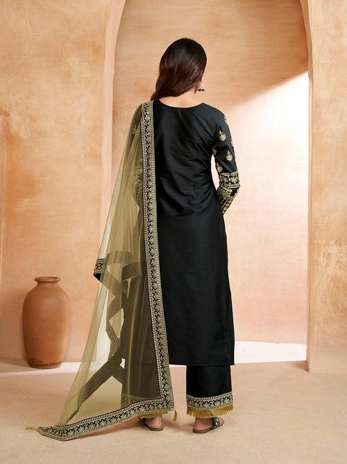 Black Ethnic Motifs Embroidered Thread Work Tie-Up Neck Kurta With Trousers & Dupatta