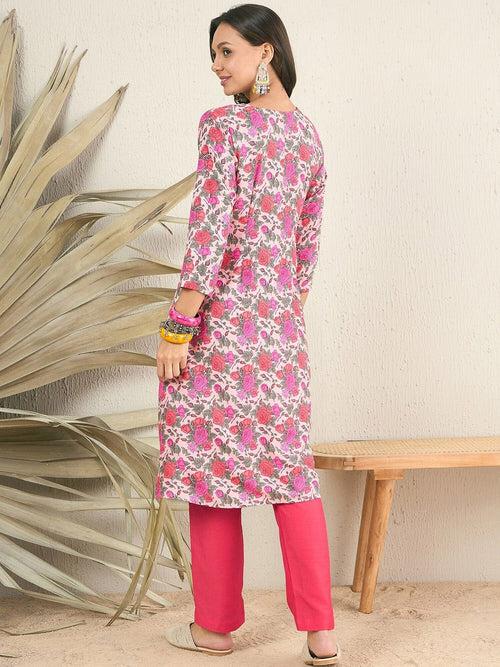 Pink Floral Printed Keyhole Neck A-Line Pleated Kurta