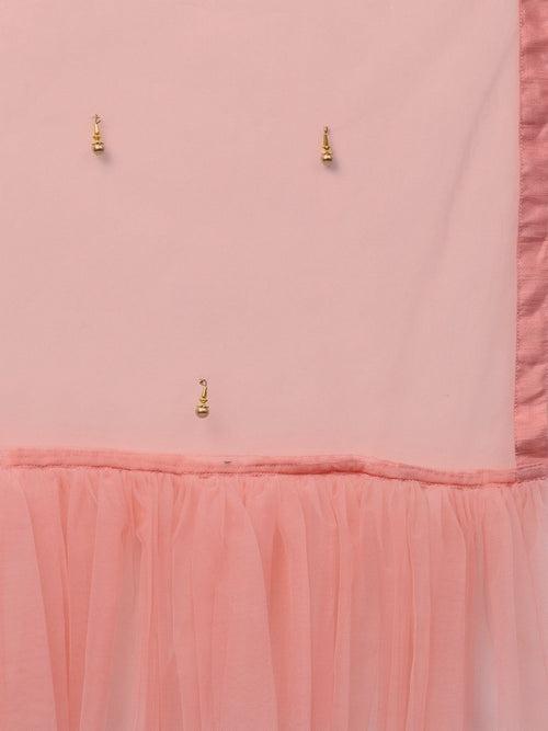 Pink Satin Layered Lehenga With Embroidered Blouse & Dupatta