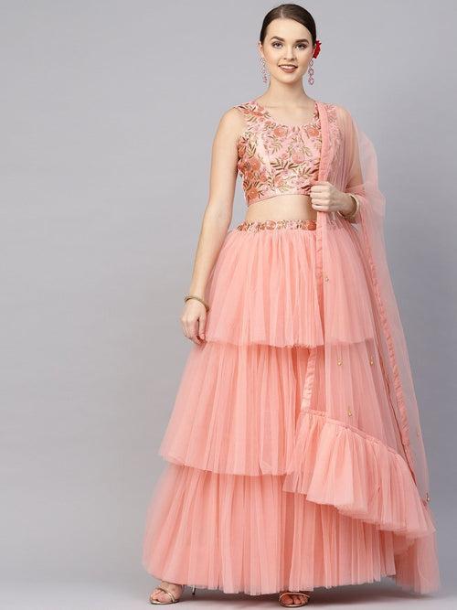 Pink Satin Layered Lehenga With Embroidered Blouse & Dupatta