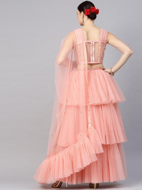 Pink Satin Layered Lehenga With Embroidered Blouse & Dupatta