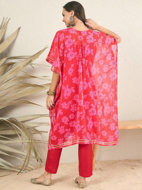 Red & pink Floral Printed V-Neck Regular Kaftan Kurta With Trousers