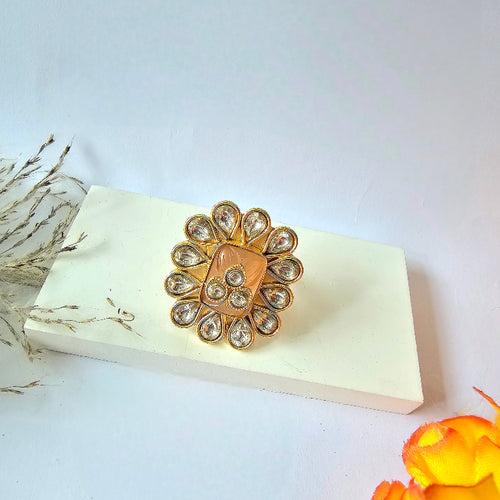 Golden Flower Design Small Oval Shape Kundan Ring