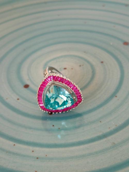 Triangle Shape Ring With Pink Stone Border
