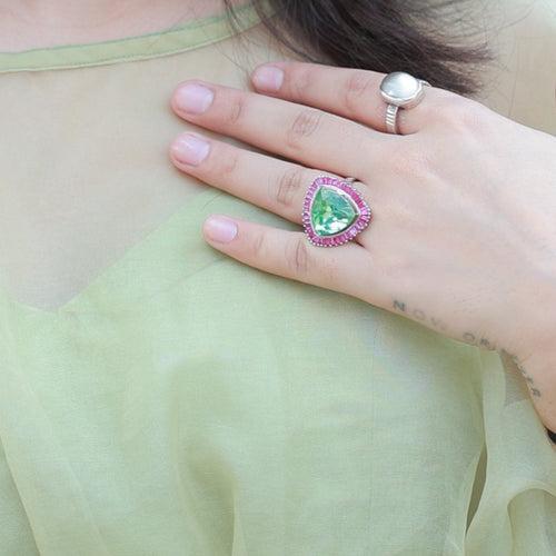 Triangle Shape Ring With Pink Stone Border