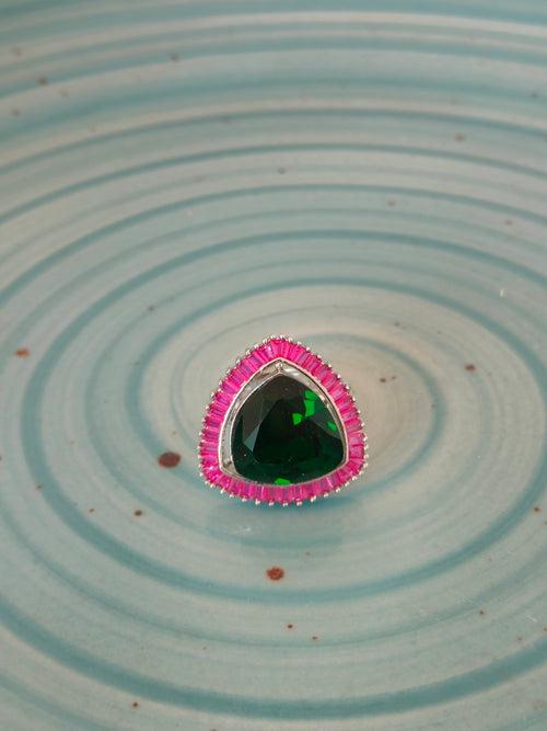 Triangle Shape Ring With Pink Stone Border