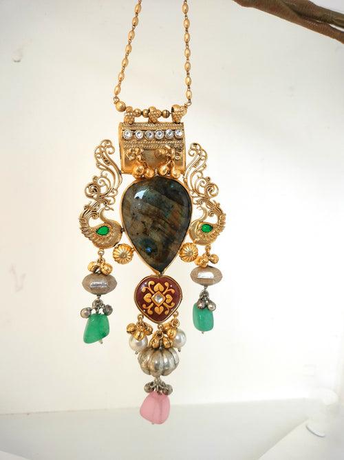 Meenakari Work Golden Pendant Neckpiec