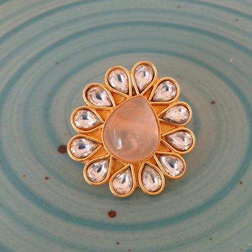 Golden Flower Design Small Oval Shape Kundan Ring