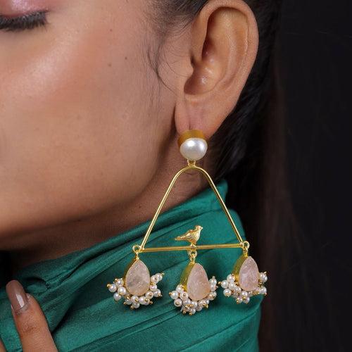 Bird Design Pearl Semi Stone Drop Earring