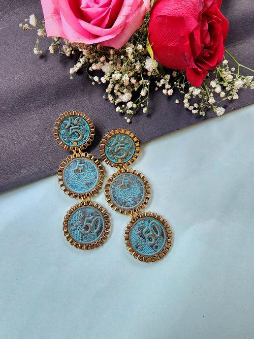 Statement Long Earring made with Antique Coins