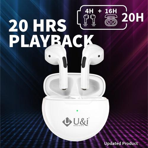 U&i Pod+ 20 Hours Music Time True Wireless Earbuds with Touch Sensor & Mic Bluetooth Headset (White, True Wireless)