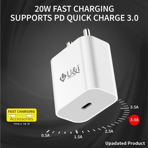 U&i 3 A Multiport Mobile Thunder Series 20W PD Mobile Charger, Type-C port with Type-C to Lightning Cable Charger with Detachable Cable (White)