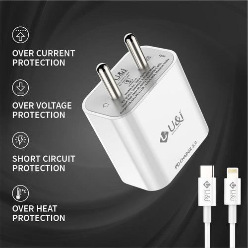 U&i 3 A Multiport Mobile Thunder Series 20W PD Mobile Charger, Type-C port with Type-C to Lightning Cable Charger with Detachable Cable (White)