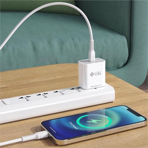 U&i 3 A Multiport Mobile Thunder Series 20W PD Mobile Charger, Type-C port with Type-C to Lightning Cable Charger with Detachable Cable (White)