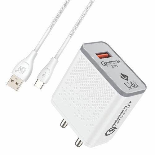 U&i 22 W 1.5 A Mobile Alien Series 22W Quick Charger Single USB Port with Type-C Cable Charger with Detachable Cable (White, Cable Included)