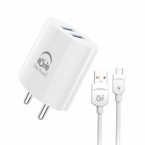U&i 2.4 A Multiport Mobile Quick Series Charger Dual USB Port with Type C Data Cable Over Short-Circuit Protection 2.4A Output UiCH 3301 Charger with Detachable Cable (White, Cable Included)