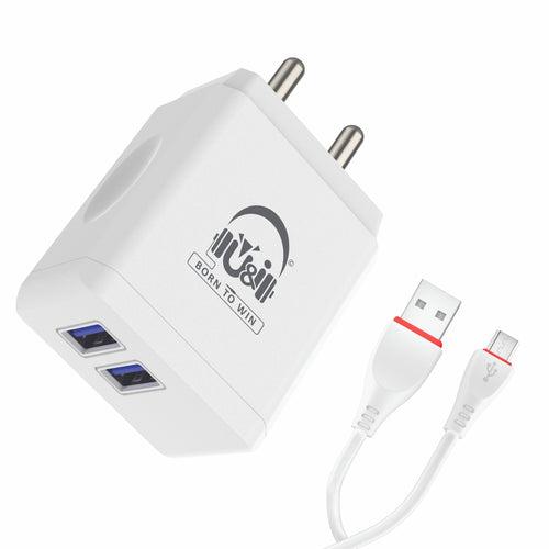 U&i 5 W 3.4 A Multiport Mobile Robber Series 3.4A Fast Charger with Dual USB Port UiCH-3501 Charger with Detachable Cable (White, Cable Included)