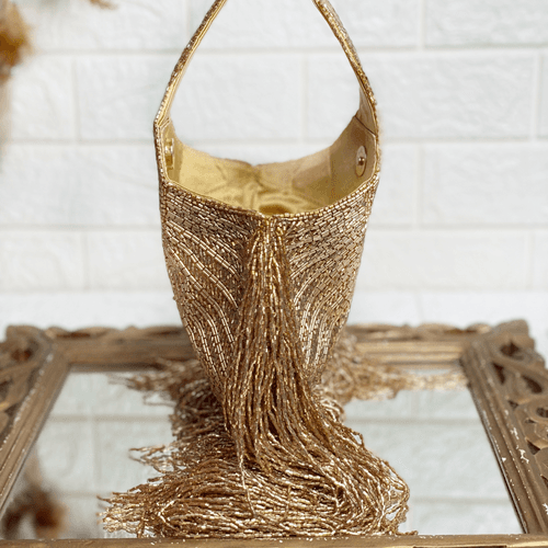 Gold Embellished Sequin Bag with Long Fringes