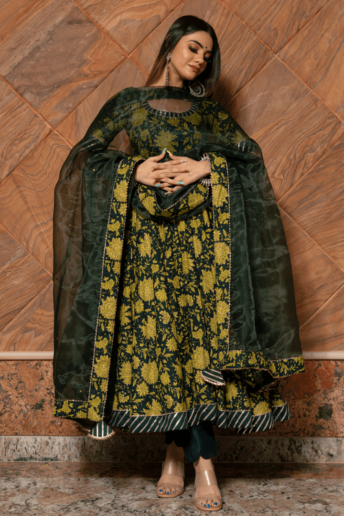 Dark Green Handblock Anarkali Set