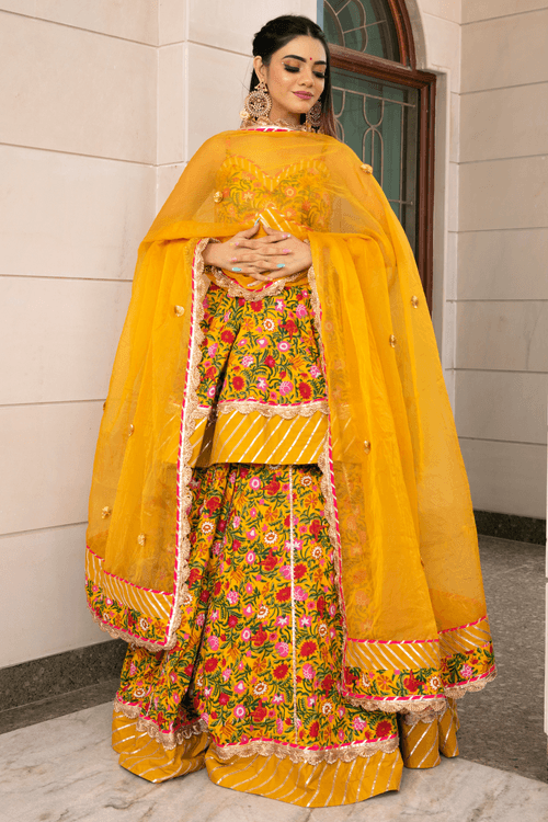 Yellow Handblock Print Lehenga Set