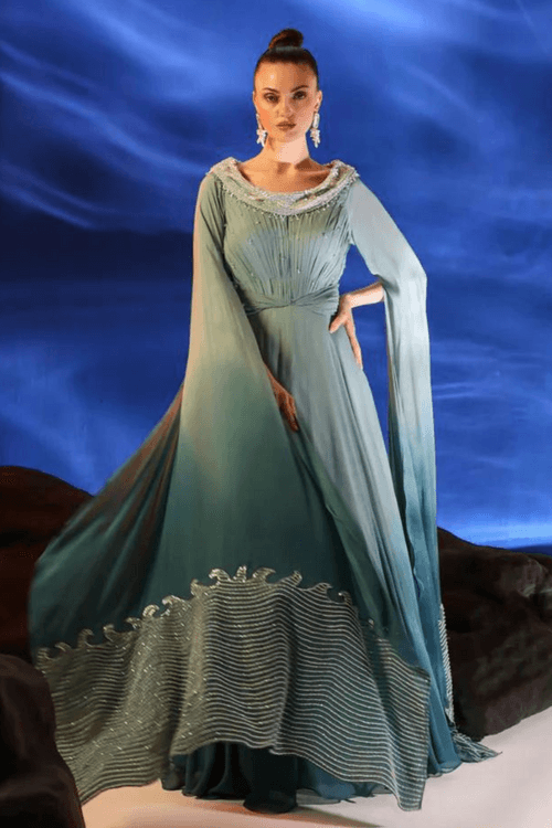 Blue & Teal Ombre Gown with Cape Sleeves
