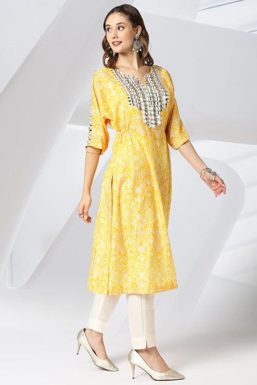 Canary Yellow Embroidered Kaftan Kurta Set