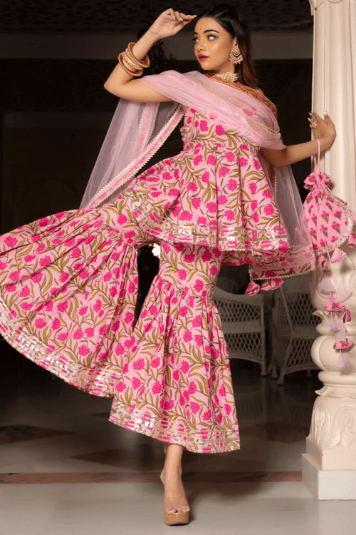 Pink Cotton Hand Block Sharara Set