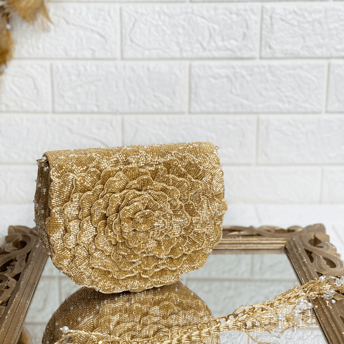 Gold Embellished Rinestones Sequin Bag in Flower Shapes