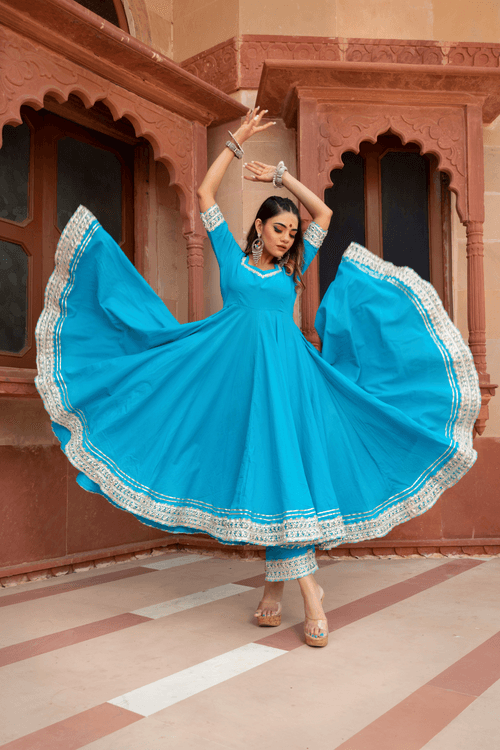 Blue Pure Cotton Anarkali Set