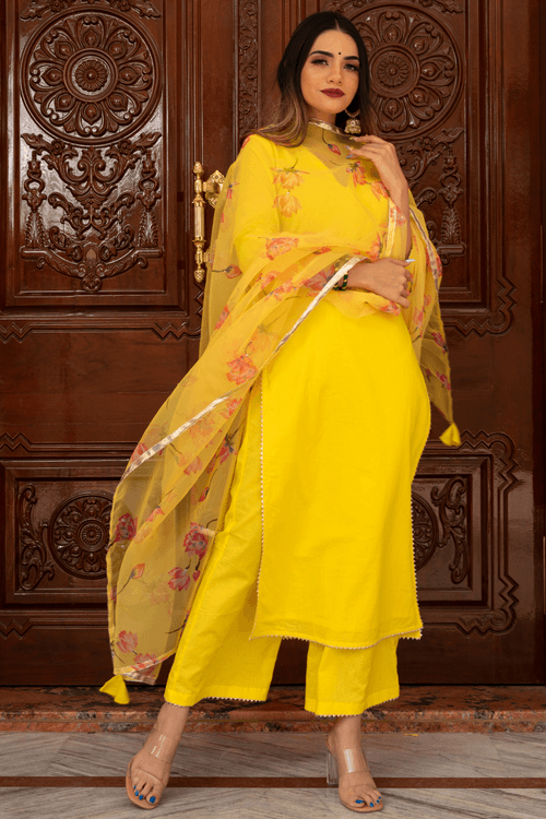 Yellow Suit Set with Organza Dupatta