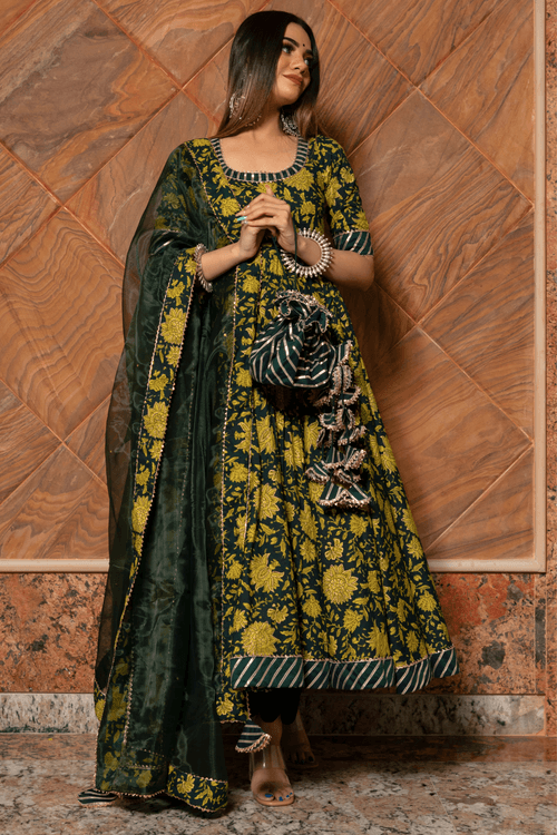 Dark Green Handblock Anarkali Set