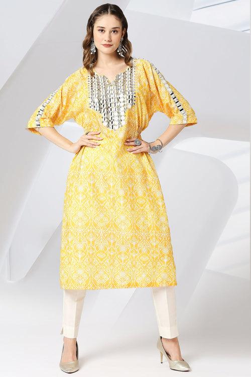 Canary Yellow Embroidered Kaftan Kurta Set