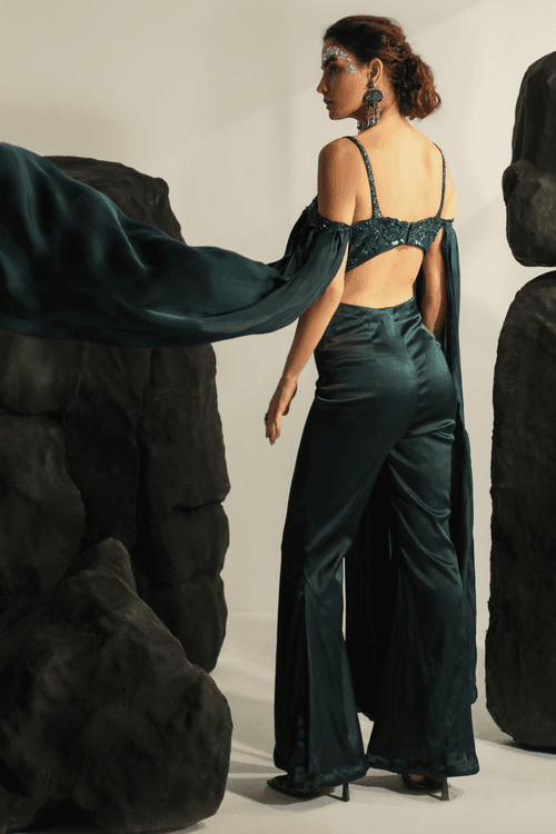 Deep Bluish Green Jumpsuit with Flowly Cape