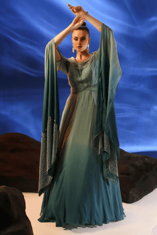 Blue & Teal Ombre Gown with Cape Sleeves
