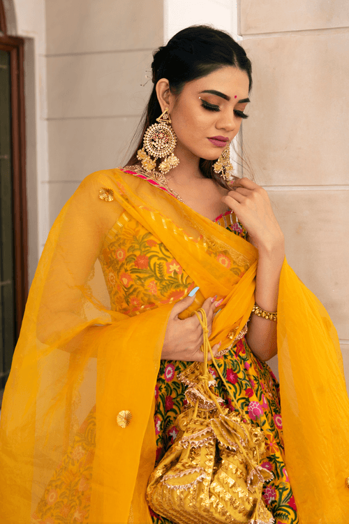 Yellow Handblock Print Lehenga Set