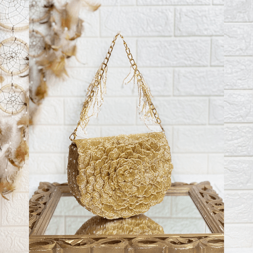 Gold Embellished Rinestones Sequin Bag in Flower Shapes