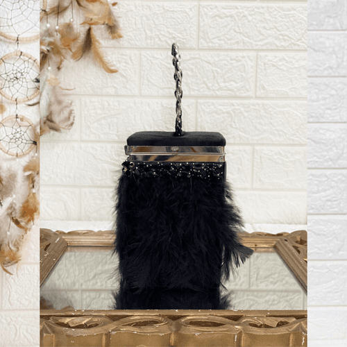 Black Feather Stud Detailing Box Clutch