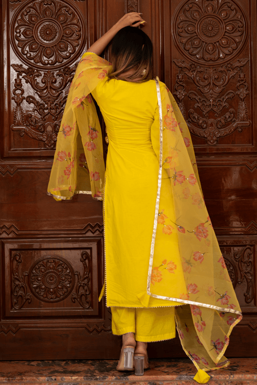 Yellow Suit Set with Organza Dupatta