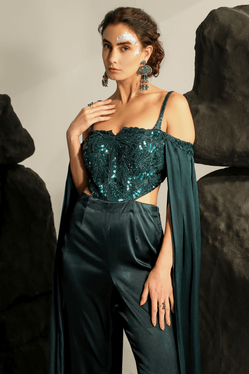 Deep Bluish Green Jumpsuit with Flowly Cape