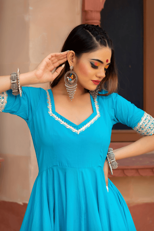 Blue Pure Cotton Anarkali Set