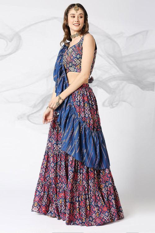 Cobalt Blue Patola Printed and Embroidered Ruffle Lehenga Set