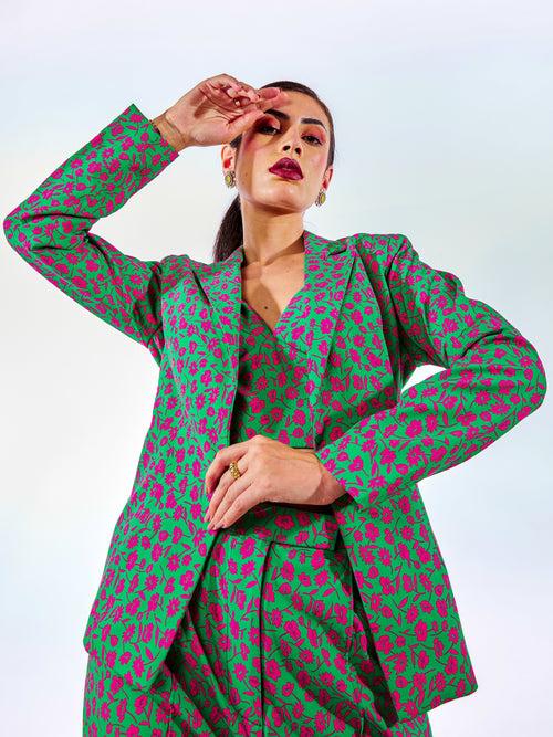 Green Printed Blazer Set