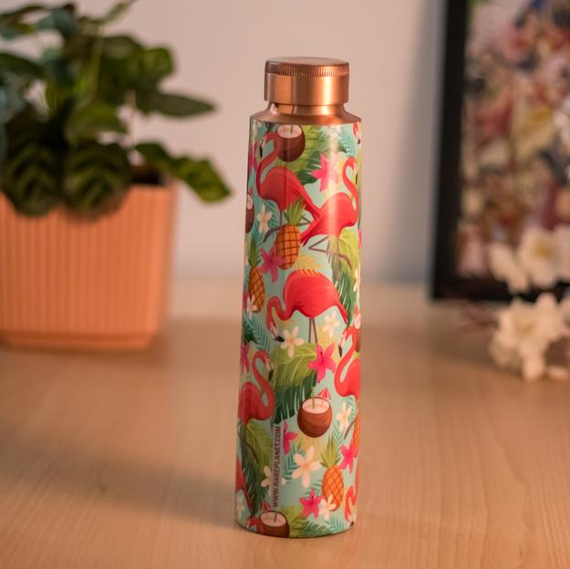 Handcrafted Copper Bottle – Tropical Flamingo Design