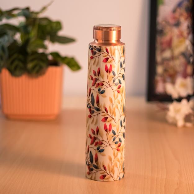 Handcrafted Copper Bottle – Vibrant Leaf Pattern Design