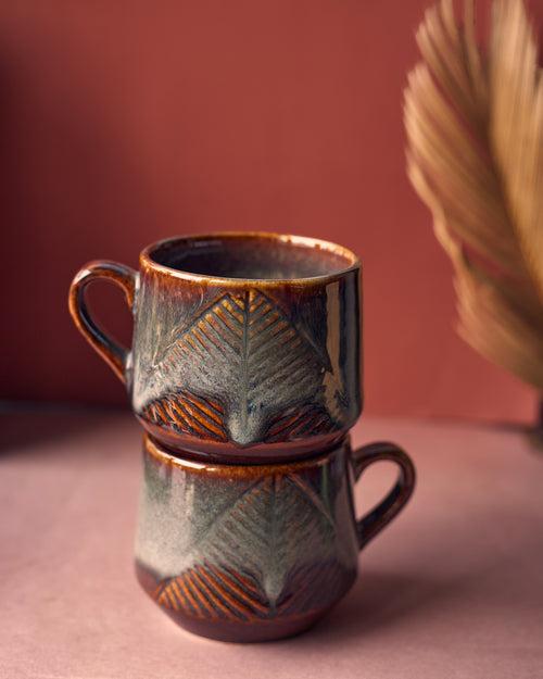 Earthy Elegance: Hand-Painted Leaf Brown Tea Cups(Set of 2)