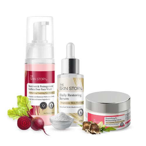 The Skin Story Youth Restoring Set (WRM) (The Skin Story Beetroot Foaming Facewash, 100ml The Skin Story Restoring Serum, 40ml The Skin Story Nourishing & Moisturising Cream, 50g)