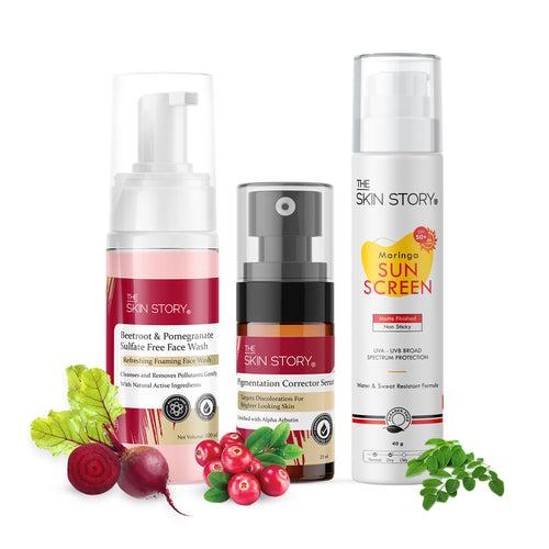 The Skin Story Goodbye  Pigmentation Trio (CTP) (The Skin Story Beetroot & Pomegranate Sulfate Free Foaming Facewash, 100ml The Skin Story Pigmentation Corrector Serum, 25ml The Skin Story Moringa Sunscreen SPF 50, 40g)