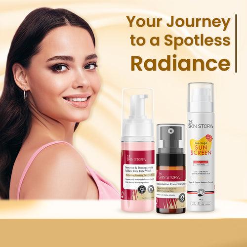 The Skin Story Goodbye  Pigmentation Trio (CTP) (The Skin Story Beetroot & Pomegranate Sulfate Free Foaming Facewash, 100ml The Skin Story Pigmentation Corrector Serum, 25ml The Skin Story Moringa Sunscreen SPF 50, 40g)